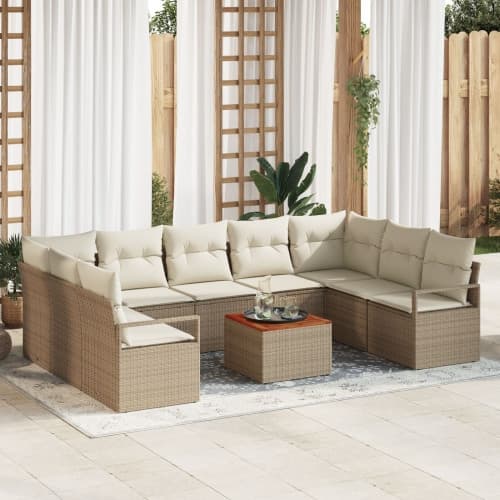 10 Delars Trädgårdsoff-set med Kuddar Beige Poly Rattan Akacia, vidaXL 2-Sits Trädgårdsoffa med Kuddar Beige Poly Rattan
