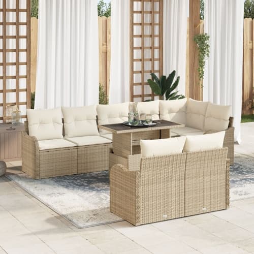 9-delad Trädgårdssoffa Set med Kuddar Beige Poly Rattan