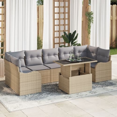 8-delat trädgårdsoffaset med dynor beige poly rattan