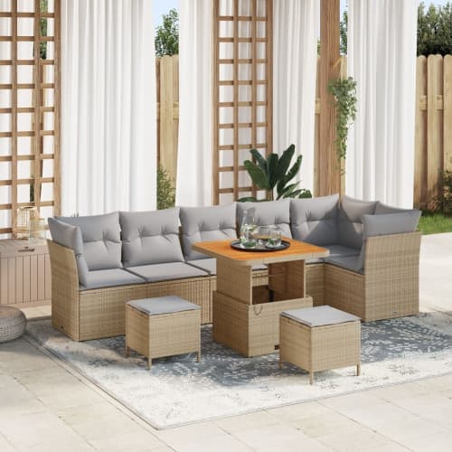 9-delat trädgårdsoffaset med kuddar Beige Poly Rattan Akacia