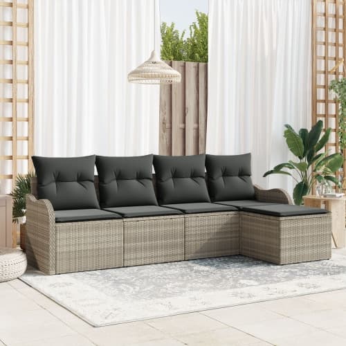 5 Delars Trädgårdsoffaset med Kuddar Ljusgrå Poly Rattan, vidaXL 2-Sittande Trädgårdsoffa med Förvaring & Kuddar Ljusgrå Poly Rattan