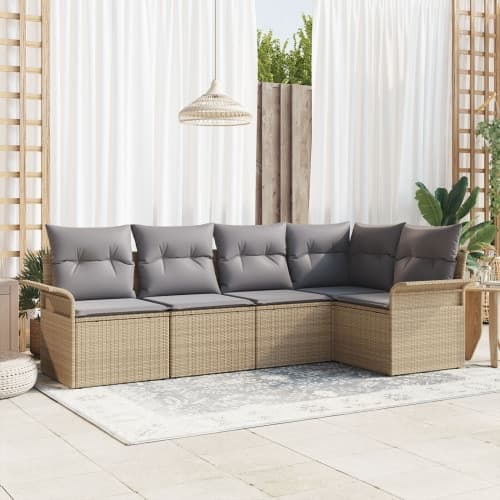 5-delat trädgårdsoffmöbelset med kuddar Beige Poly Rattan
