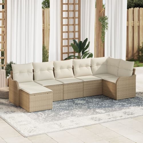 7-delat trädgårdsoffset med kuddar beige poly rattan, vidaXL 2-sits trädgårdsoffa med kuddar beige poly rattan