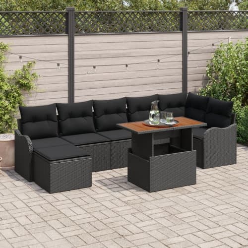 8-delat trädgårdsoffaset med kuddar svart poly rattan, vidaXL 2-sits trädgårdsoffa med förvaring och kuddar svart poly rattan