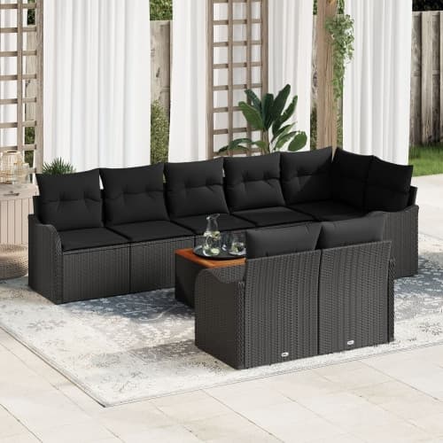 9-delars trädgårdsoffaset med kuddar svart poly rattan akaciaträ, vidaXL 2-sits trädgårdsoffa med förvaring och kuddar svart poly rattan