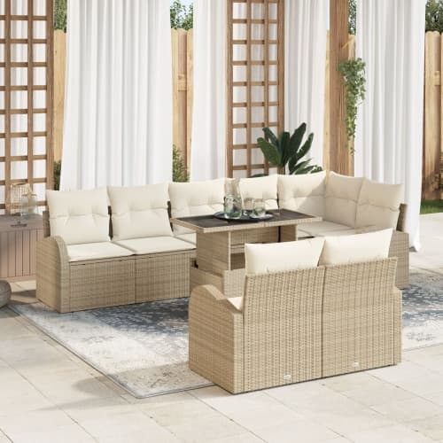 9-delars trädgårdsoffset med kuddar beige poly rattan