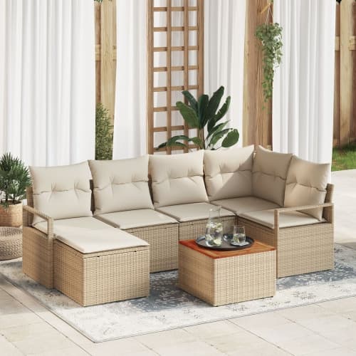 7-delad Trädgårdsoffuppsättning med kuddar Beige Poly Rattan Akacia, vidaXL 2-sitsig Trädgårdsoffa med förvaring och kuddar Beige Poly Rattan