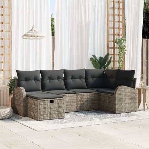 6-delars trädgårdsoffset med kuddar Grå Poly Rattan, vidaXL 2-sits trädgårdsoffa med förvaring & kuddar Grå Poly Rattan