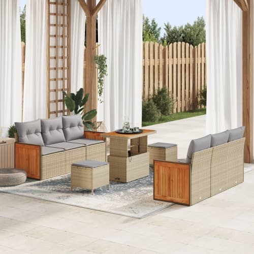 9-delad Trädgårdsoffset med Kuddar Beige Poly Rattan Akacia, vidaXL 3-delad Trädgårdsdining set med Kuddar Beige Poly Rattan Akacia