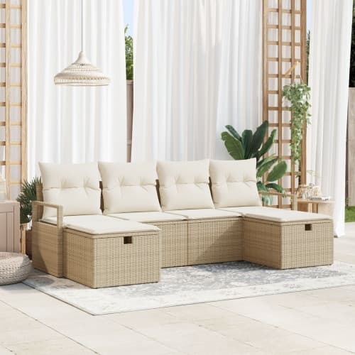 6-delad Trädgårdsoffset med kuddar i beige poly rattan, vidaXL 2-sits Trädgårdsoffa med kuddar i beige poly rattan