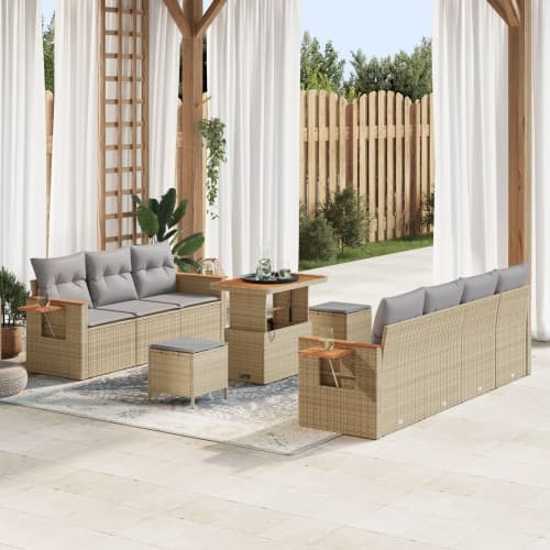 10-delars trädgårdsoffa-set med kuddar beige poly rattan akacia