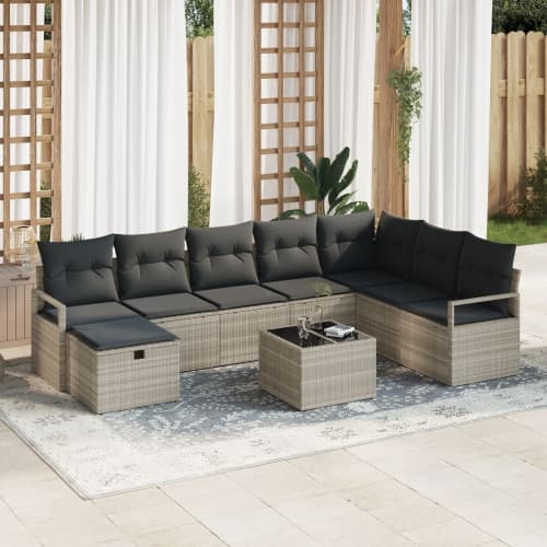9-delat Trädgårdsofaset med Kuddar Ljusgrå Poly Rattan, vidaXL 2-sits Trädgårdsoffa med Förvaring & Kuddar Grå Poly Rattan