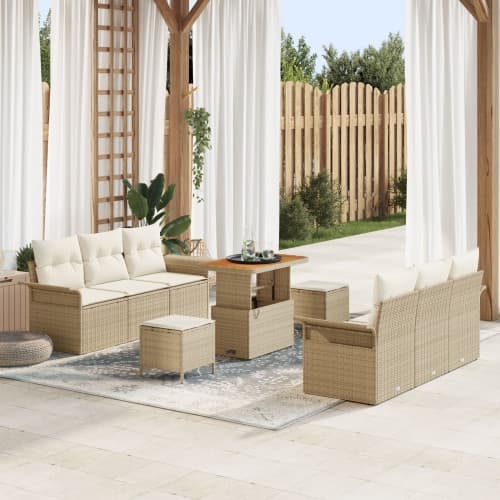 9-delad trädgårdsoff set med kuddar beige poly rattan akaciaträ