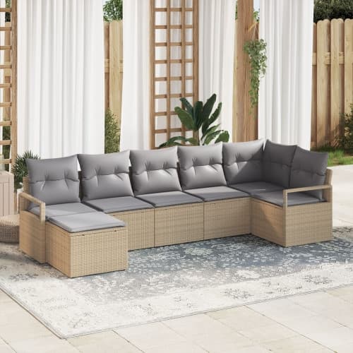 7 delar trädgårdsoffaset med kuddar beige poly rattan, vidaXL 2-sits trädgårdsoffa med kuddar beige poly rattan