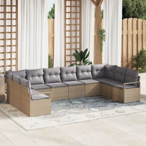 10-delat Trädgårdsoffaset med kuddar Beige Poly Rattan