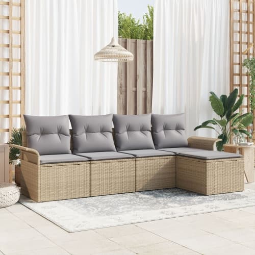 5-delad trädgårdssoffgrupp med kuddar i beige poly rattan