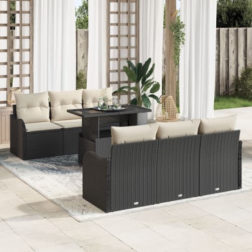 7-delars trädgårdsofa-set med kuddar svart poly rattan