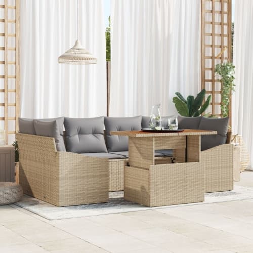7-delade trädgårdsdining set med kuddar Beige polyrotting akacia