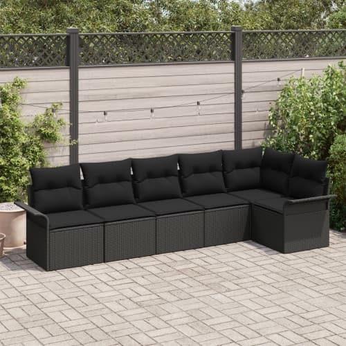 6-delat trädgårdsoffasett med kuddar svart poly rattan