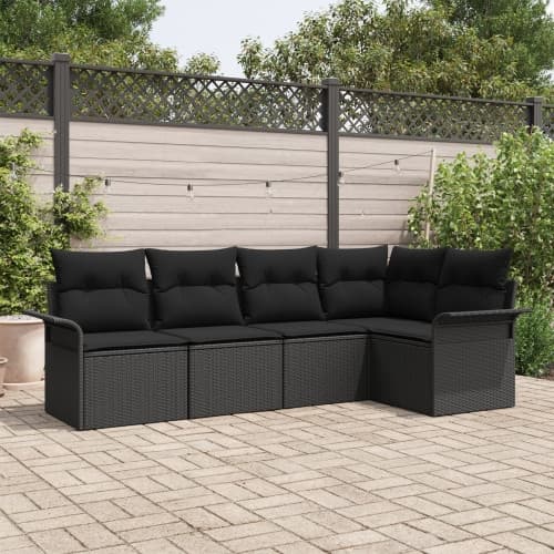 5 Delars Trädgårdsoffa Set med Kuddar Svart Poly Rattan, vidaXL 2-sits Trädgårdsoffa med Förvaring & Kuddar Svart Poly Rattan