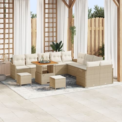 13-delad Trädgårdsoffset med Kuddar Beige Poly Rattan Akacia