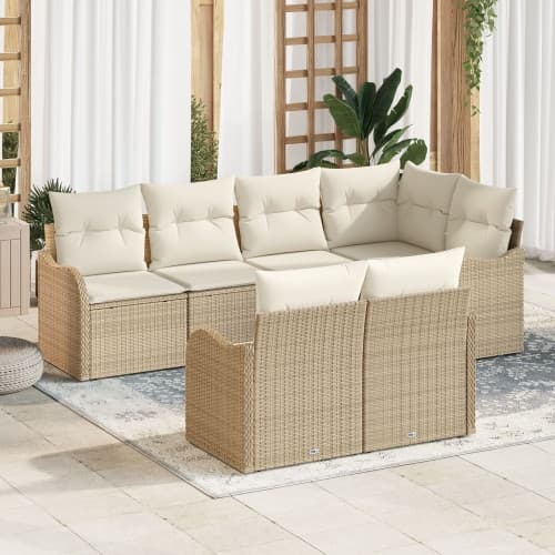7 Delars Trädgårdsoffa Set med Kuddar Beige Poly Rattan