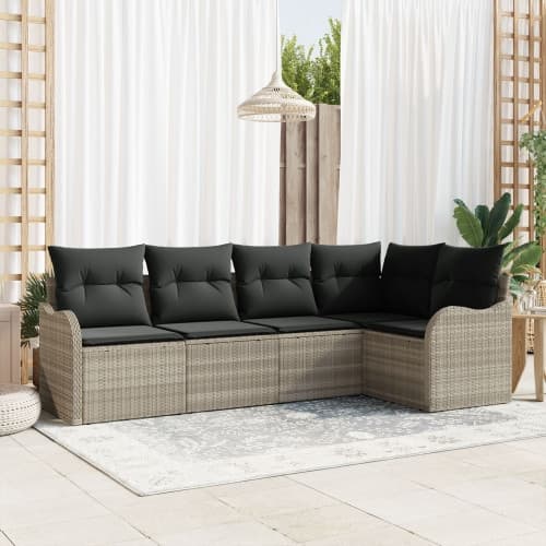 5-delad Trädgårdsoffaset med kuddar Ljusgrå Poly Rattan, vidaXL 2-sits Trädgårdsoffa med förvaring & kuddar Ljusgrå Poly Rattan