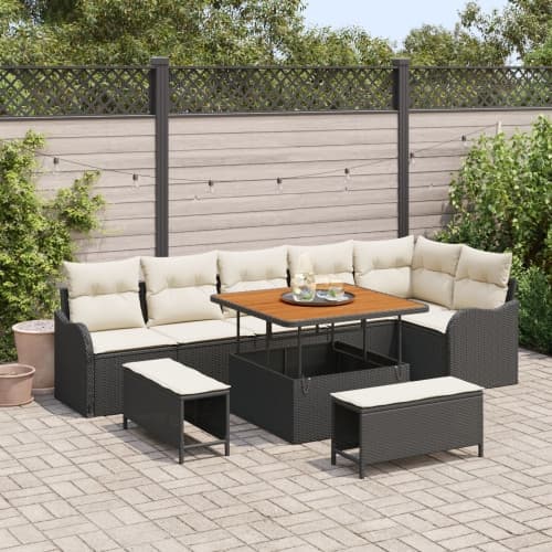 9-delars trädgårdsoffset med kuddar svart poly-rattan akacia, vidaXL 2-sits trädgårdsoffa med förvaring och kuddar svart poly-rattan, vidaXL 3-delars