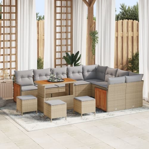 13-delat trädgårdsoffaset med kuddar beige poly rattan akacia