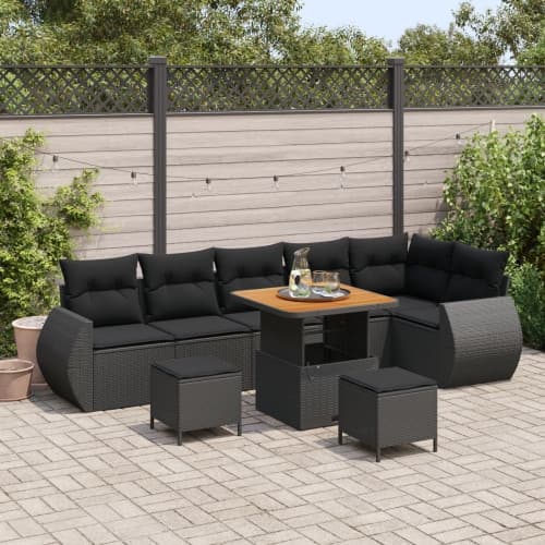 9-delars trädgårdsoffset med kuddar svart poly rattan akacia, vidaXL 3-delars trädgårds middagsset med kuddar svart poly rattan akacia