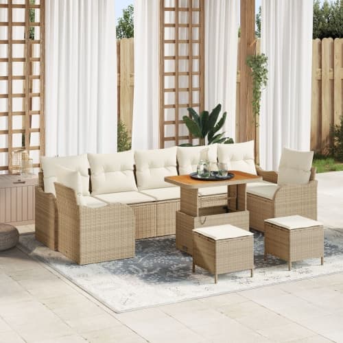 10-delars Trädgårdsofa Set med Kuddar Beige Polyrotting Akacia