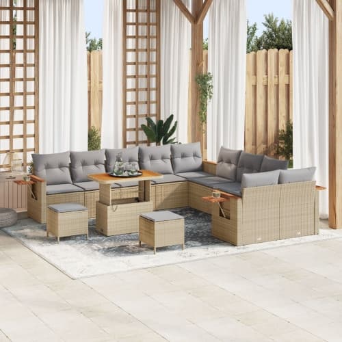 13-delat trädgårdsoffaset med kuddar beige Poly Rattan Akacia