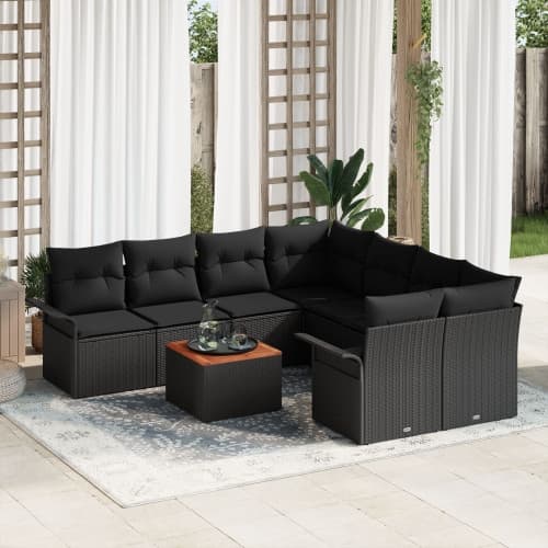 9-delars trädgårdsofa set med kuddar svart poly rattan akacia