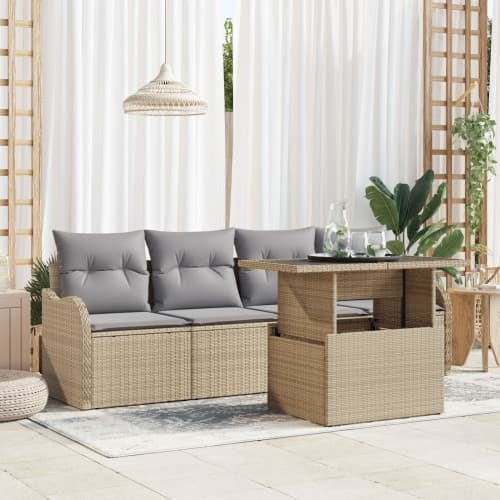 5 Delars Trädgårdsoffset med Kuddar Beige Poly Rattan, vidaXL 2-sits Trädgårdsoffa med Förvaring & Kuddar Beige Poly Rattan