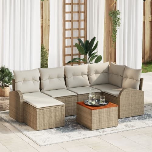 7-delat trädgårdsoffaset med kuddar beige poly rattan akacia, vidaXL 2-sits trädgårdsoffa med förvaring och kuddar beige poly rattan