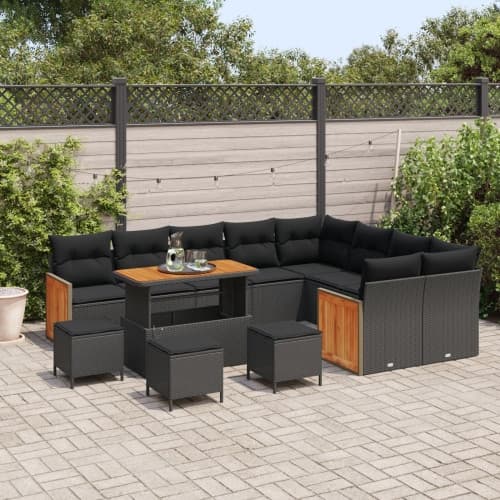 13 Delars Trädgårdsoffaset med Kuddar Svart Poly Rattan Akacia, vidaXL 4 Delars Trädgårdsdining-set med Kuddar Svart Poly Rattan Akacia