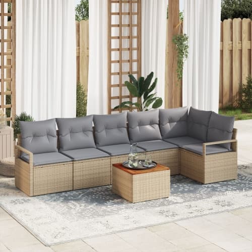 7-delad trädgårdsoffa med kuddar beige poly rattan akaciaträ