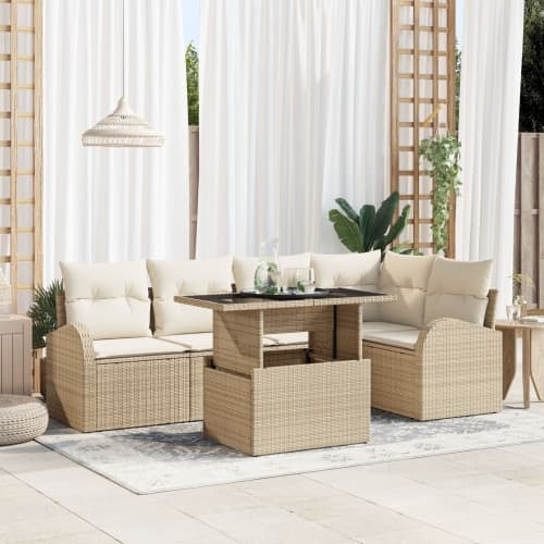 6 Delar Trädgårdssofa Set med Kuddar Beige Poly Rattan