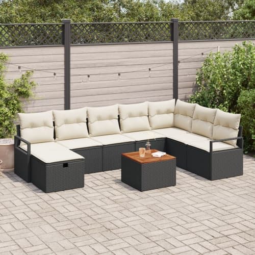 9-delad trädgårdsoffasett med kuddar Svart Poly Rattan, vidaXL 2-sits trädgårdsoffa med kuddar Svart Poly Rattan