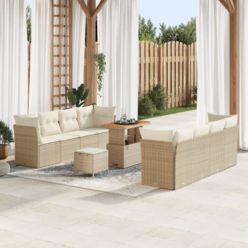 11-delars Trädgårdsoffset med Kuddar Beige Poly Rattan Akacia