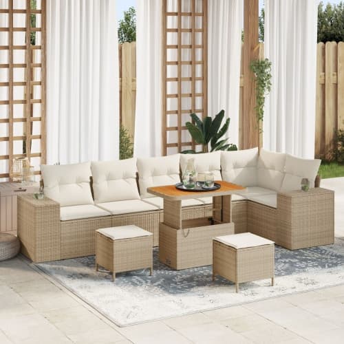 9 Delars Trädgårdsoff Set med Kuddar Beige Poly Rattan Akacia