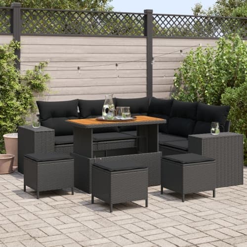 9 Delar Trädgårdsoffset med Kuddar Svart Poly Rattan Akacia, vidaXL 4 Delar Trädgårds Matset med Kuddar Svart Poly Rattan Akacia
