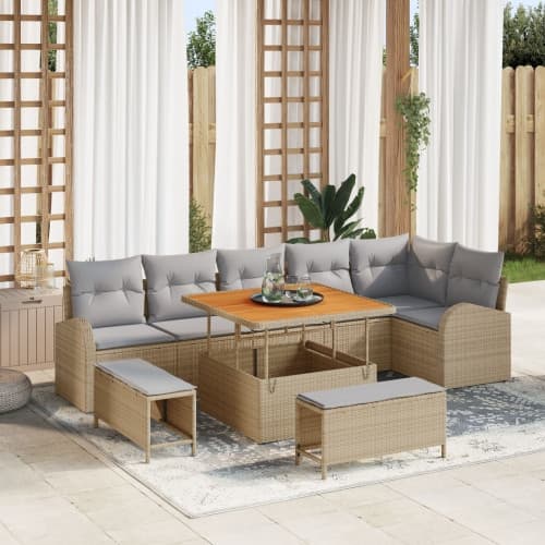 9 Delars Trädgårdsoffas med Kuddar Beige Poly Rattan Akacia