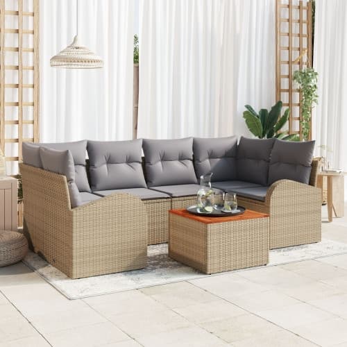 7-delat trädgårdsoff set med dynor Beige Poly Rattan Akacia