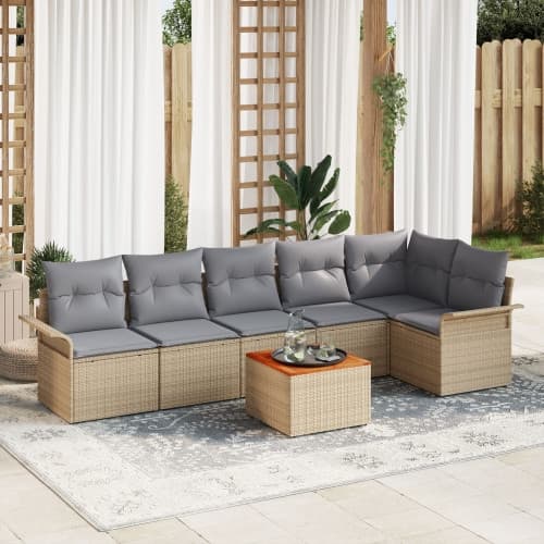 7-delad Trädgårdssofa Set med Kuddar Beige Poly Rattan Akacia