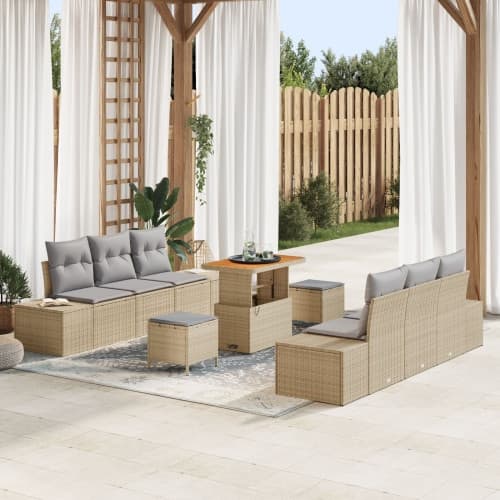 9-delat trädgårdsoff-set med kuddar beige polyrotting akacia, vidaXL 2-sits trädgårdsoffa med kuddar beige polyrotting, vidaXL 3-delat trädgårdsmatsal