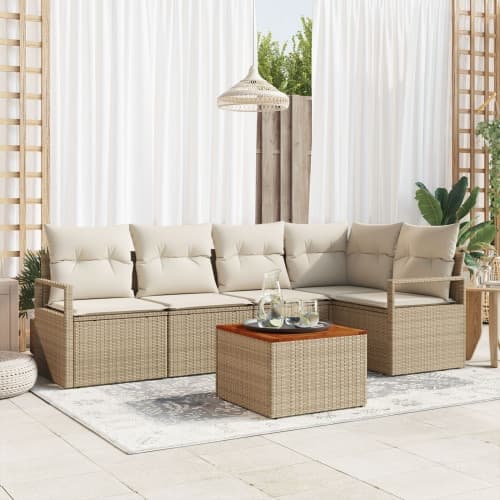 6 Delar Trädgårdsoff-set med kuddar Beige Poly Rottning Akacia