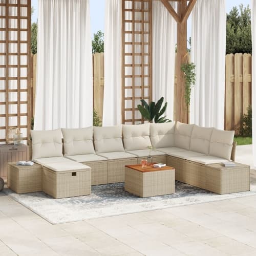 9 Delar Trädgårdsoff-set med Kuddar Beige Poly Rotting