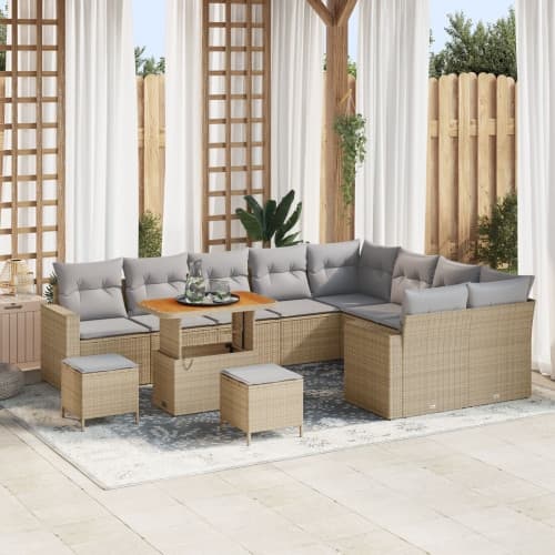 12-delad trädgårdssoffa med kuddar i beige poly rattan akacia