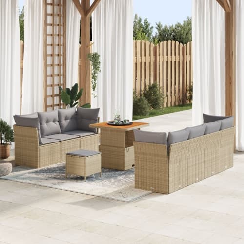 10 Delar Trädgårdsoffset med Kuddar Beige Polyrotting Akacia, vidaXL 3 Delar Trädgårdsdining-set med Kuddar Beige Polyrotting Akacia